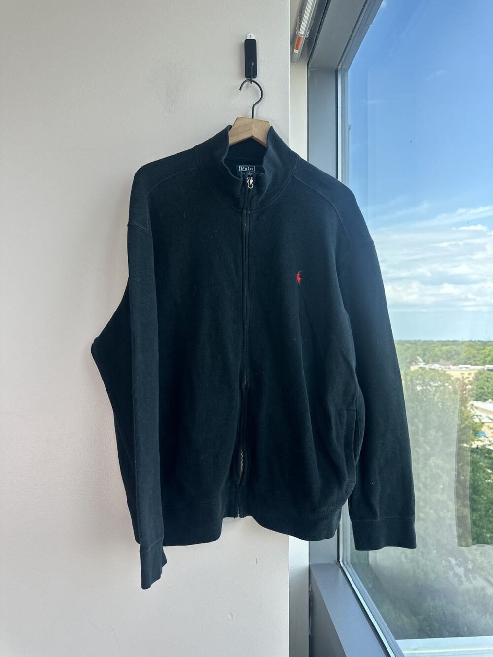 Vintage Polo Ralph Lauren 100% Cotton Mock Neck Sweatshirt Black Full Zip Sz XL